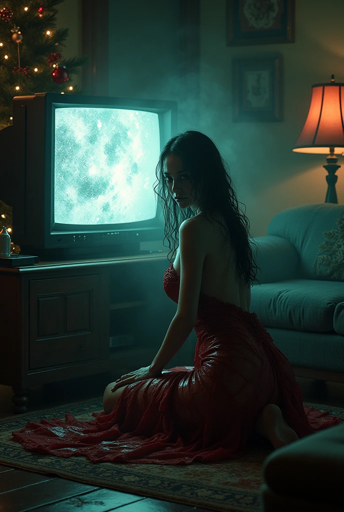 (masterpiece:1.1, Best Quality:1.1, 16K HDR, High resolution), (1girl in, Solo), Ultra-realistic portrait of Sadako Yamamura, the ring, (((Black hair, Long hair, Bangs, long bangs above the eyes,,))), medium boobs, medium tits, medium cleavage, medium breasts, visible nipples, Inside an abandoned hut, inside an abandoned barn, farms, Dark atmosphere, Realistic skin texture, Full body shot, Perfect slim body style, White Dress, (realistic Coming out of the TV),