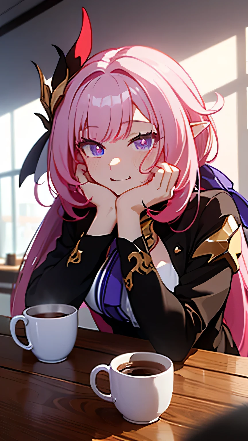 Honkai Impact 3rd,Elysia,watching you,smile,in the coffee shop,hold a cup of coffee,sitting behind a table,a strawberry cake is on the table,Hands on head,afternoon