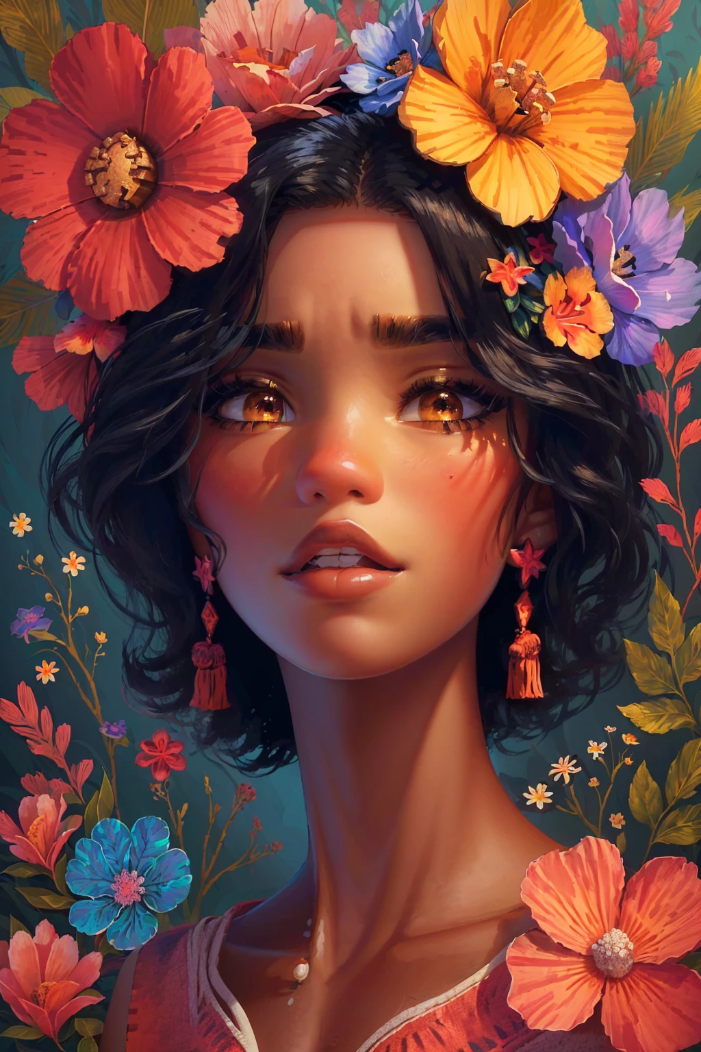 painting of a woman (Moana) with flowers in her hair, beautiful digital illustration, stunning digital illustration, detailed beautiful portrait, exquisite digital illustration, in style of digital illustration, detailed beauty portrait, beautiful art uhd 4 k, beautiful digital artwork, detailed beautiful face, a beautiful artwork illustration, epic portrait illustration, colorful illustration, detailed digital painting, detailed feminine face, beautiful digital painting, full body, beach