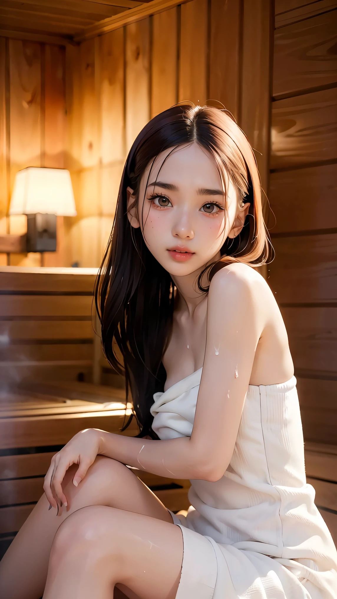 1Girl, Solo, (Masterpiece, Best Quality, 8K,,Photorealistic, real girl, mulberry:1.37), looking up at viewer, 1 dainty Japan, Slender body type: 1.1, Small breasts, Sitting, sauna, Double eyelids, Droopy Eyes, A dark-haired, (Sweaty face, Sweaty body: 1.2): 0.2, (White Oversized Towel Dress, strapless), ( realistic body, makeups, Gloss slip, focus on face, smaller face, Sharp focus, Layered Cut, facing the viewer, The sauna has the following.., shot from the front