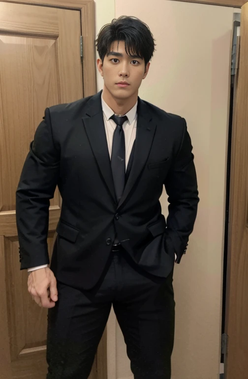 1 handsome Japanese guy，31，Lawyer，Wear a suit，suit and tie，dapper，Tall，musculous，Muscles look good，hairy bodies，with fair skin，黑The eye（thin eyes 1：3），Full body photo