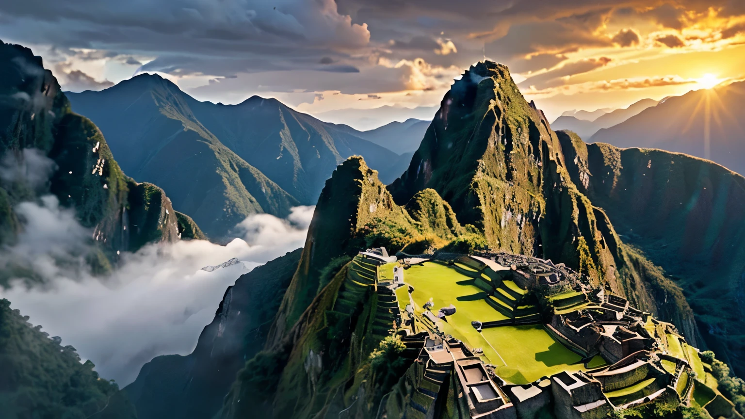 detailed landscape of Machu Picchu at sunset, dramatic lighting, dramatic clouds, golden hour, detailed architecture, ancient ruins, lush vegetation, rocky cliffs, mist and fog, serene atmosphere, (best quality,8k,highres,masterpiece:1.2),ultra-detailed,(realistic,photorealistic,photo-realistic:1.37),landscape,dramatic lighting,warm colors,golden hour