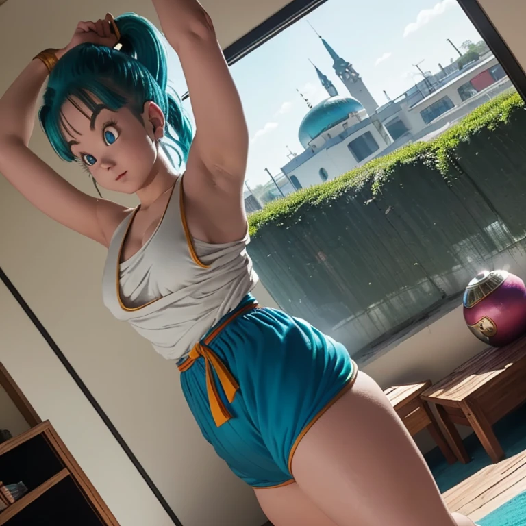 Bulma,( dragon ball\), long hair, one side up, outskirts_Cut, Aqua Hair, Blue eyes, desnuda, clavicle,   inner room  ,  Curvy young woman ,  big breasts and big butt ,  poses with arms raised at her sides, making a fist ,  showing her armpits, chubby