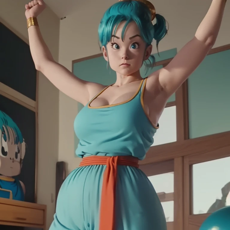 Bulma,( dragon ball\), long hair, one side up, outskirts_Cut, Aqua Hair, Blue eyes, desnuda, clavicle,   inner room  ,  Curvy young woman ,  big breasts and big butt ,  poses with arms raised at her sides, making a fist ,  showing her armpits, chubby