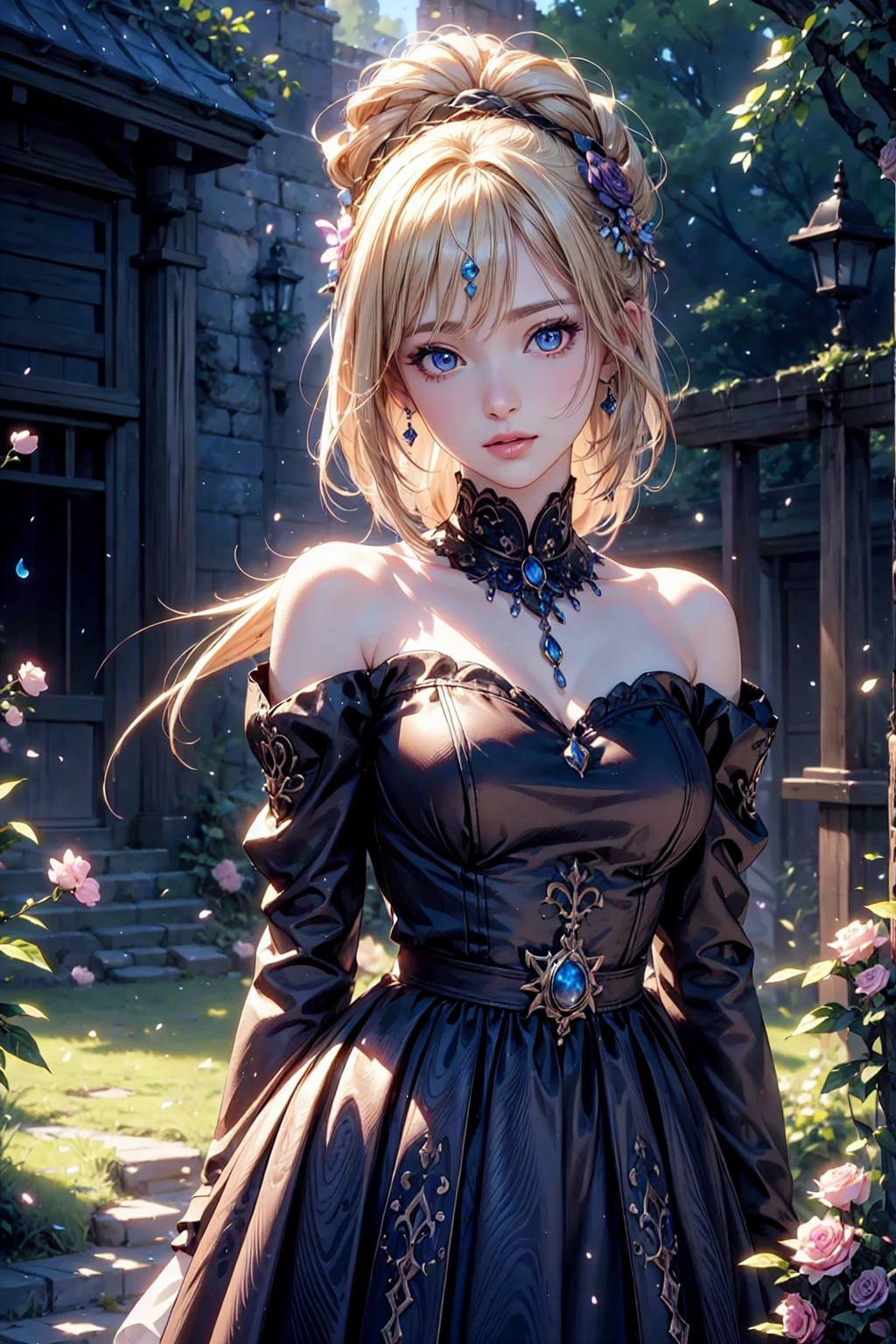 1girl, beautiful detailed eyes, beautiful detailed lips, extremely detailed face and features, longeyelashes, fantasy dress, colorful dress, simple background, upper body, looking at viewer, wind, particles, flower, blonde, milky way, (best quality,4k,8k,highres,masterpiece:1.2),ultra-detailed,(realistic,photorealistic,photo-realistic:1.37),fantasy,beautiful,aesthetic