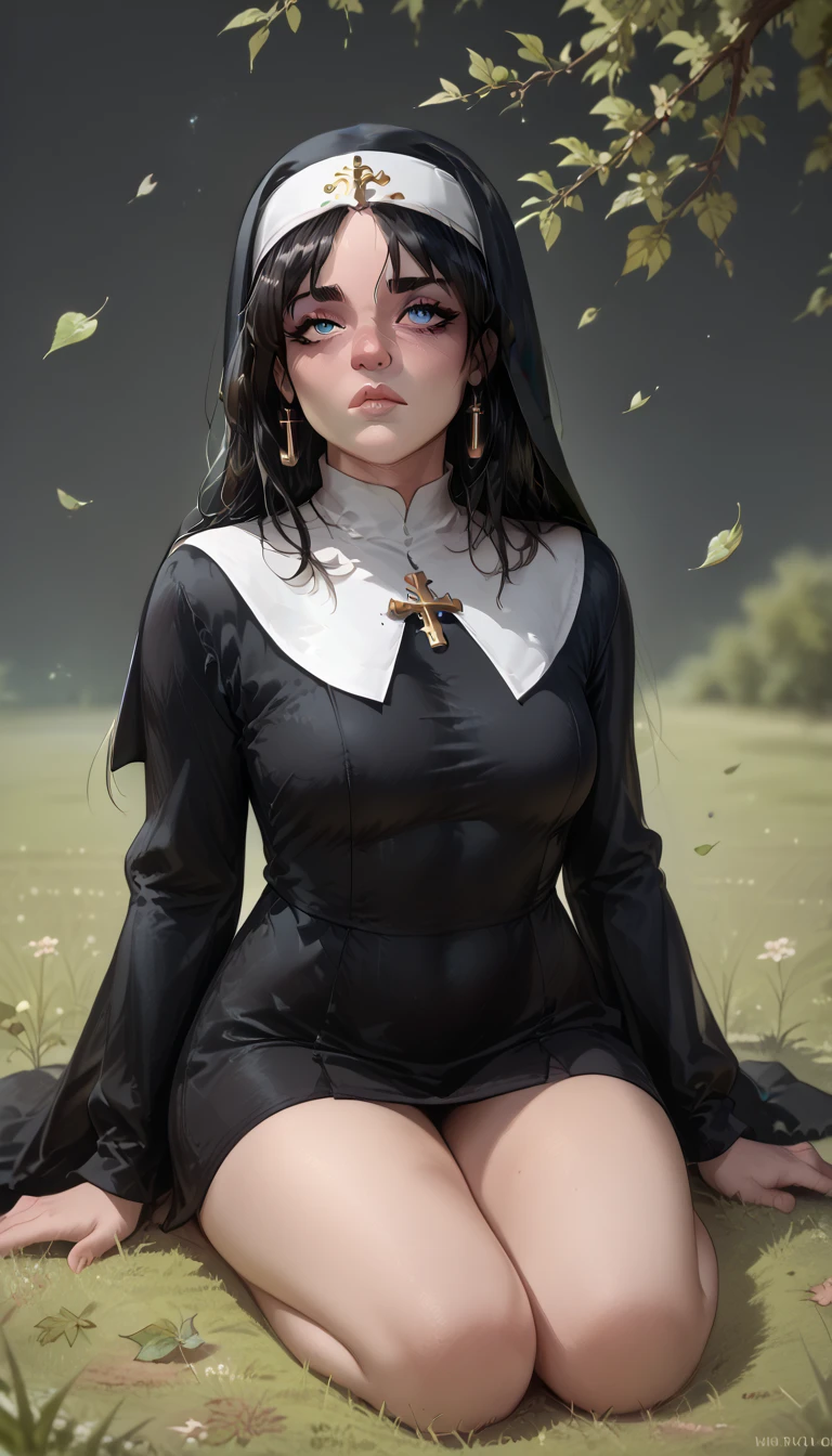 Billie Eilish is sitting ,  she is on top of a hill looking at the horizon with a sad look , look serene,  is sitting on a grass floor , flying leaves ,  Blue Eyes ,  short black hair,  Nun's clothing,  hair flying in the wind ,  high quality  , Detail of the grass ,  detail in the background , sensual mouth,