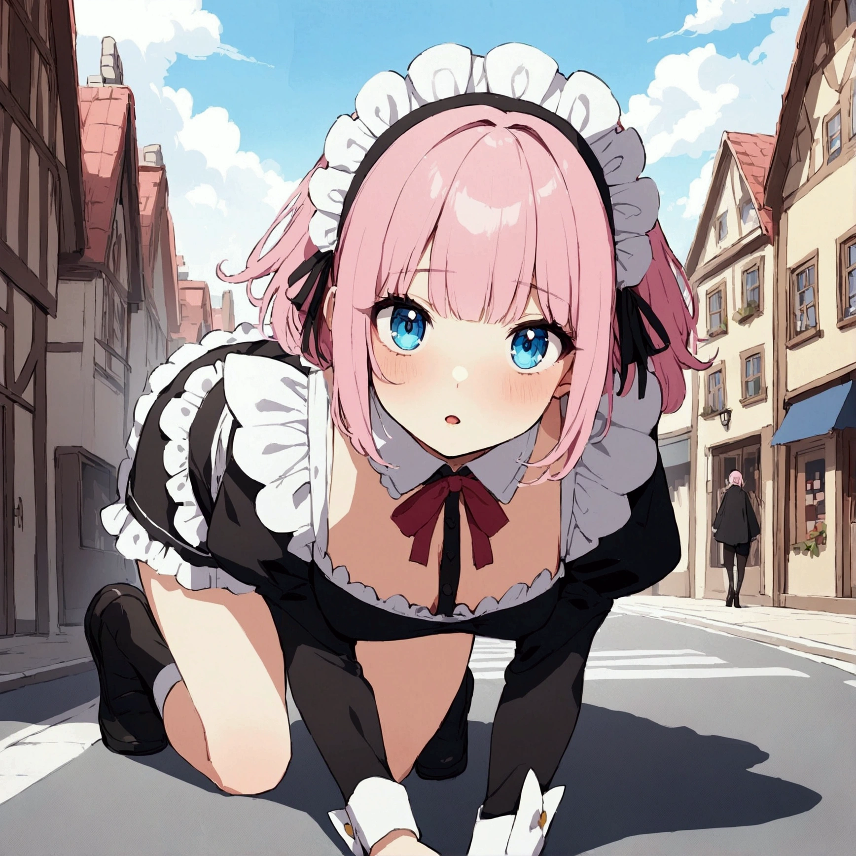 Young girl with pink hair, long twintail hairstyle, small bushy eyebrows, wearing gothic lolita clothes, lolicon (Zankuro) drawing style by zankuro artist, Zancrow style, image uploaded in R34, walking in the mall, flirty smile , suddenly having sex in public, ((doggy style sex)), ((public sex )) naked ass in the male crotch, old man , ((being raped by a decrepit old man in a dirty alley, teary eyes and angry face))