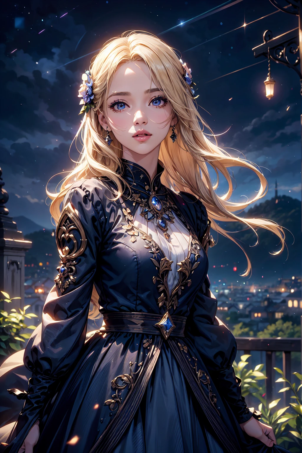 1girl, beautiful detailed eyes, beautiful detailed lips, extremely detailed face, long eyelashes, elegant fantasy dress, colorful dress, upper body, blonde hair, posing, particles, wind, looking at viewer, simple background, starry night sky, masterpiece, (best quality, 8k, highres, extremely detailed, photorealistic, vibrant colors, cinematic lighting, intricate details, depth of field)