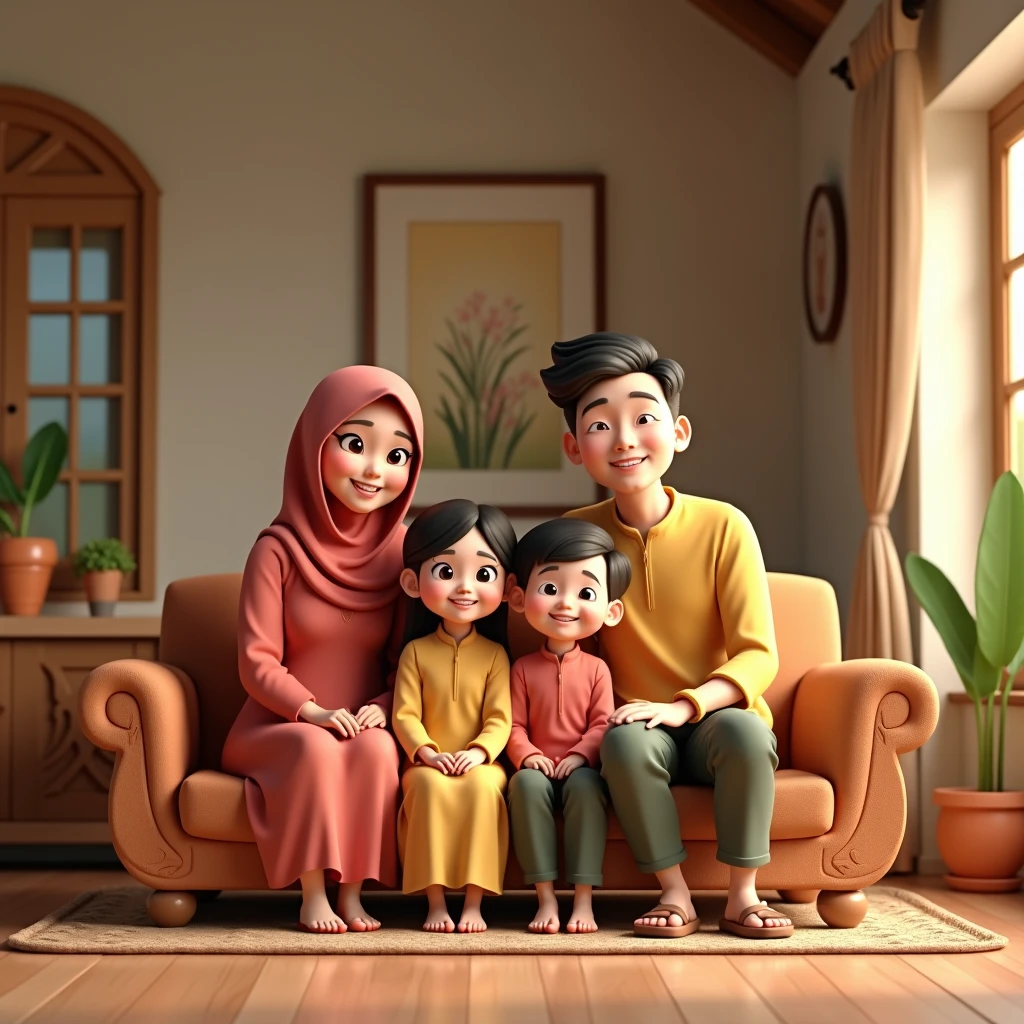 masterpiece, best quality, (very detailed CG unified 8k wallpaper), (best quality), (best illustration), (best shadow), (stable diffusion model), make me a picture of just 4 people. a 38 year old man, short neat hair, sturdy body, a 33 year old woman, plump body, wearing a bright colored hijab, a 16 year old girl, wearing the hijab, an 11 year old boy, short neat hair, they wear patterned batik uniforms, dark color yellow combination, sitting on the sofa smiling at the camera, classic studio photo background, full hd, 3D, realistic, photograpic, perfect lighting