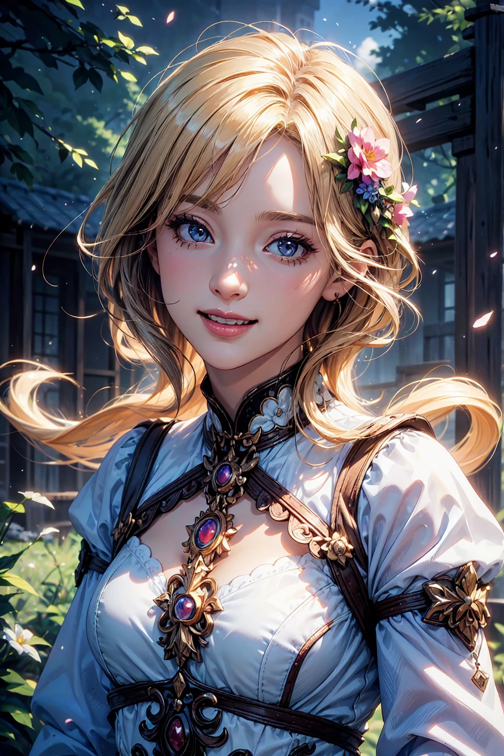 (best quality,4k,8k,highres,masterpiece:1.2),ultra-detailed,(realistic,photorealistic,photo-realistic:1.37),1girl,beautiful detailed eyes,beautiful detailed lips,extremely detailed face,long eyelashes,elegant pose,particles,wind,flowers,upper body,simple background,looking at viewer,blonde hair,milky way,ethereal,fantasy dress,colorful dress,laughing out loud