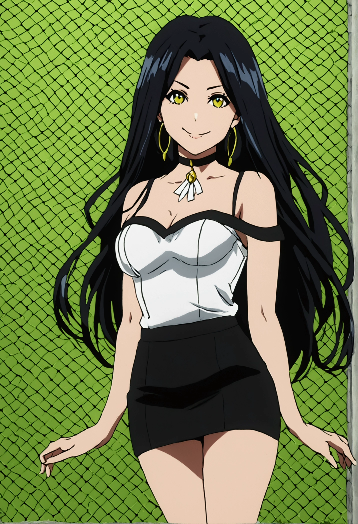 ashleyvk, 1girl, solo, black hair, medium breasts, choker, long hair, anime coloring, bare shoulders, mini skirt, smile