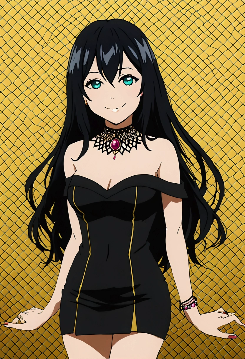 ashleyvk, 1girl, solo, black hair, medium breasts, choker, long hair, anime coloring, bare shoulders, mini skirt, smile