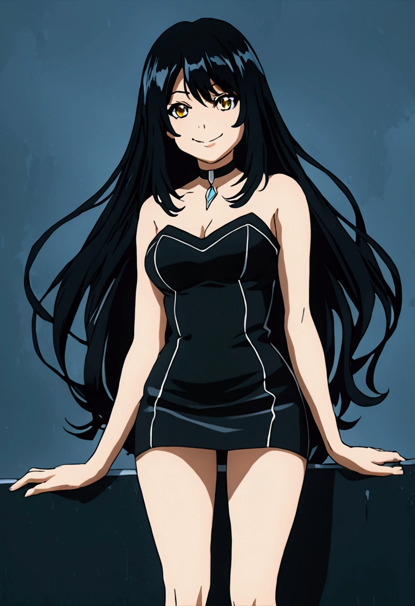 ashleyvk, 1girl, solo, black hair, medium breasts, choker, long hair, anime coloring, bare shoulders, mini skirt, smile