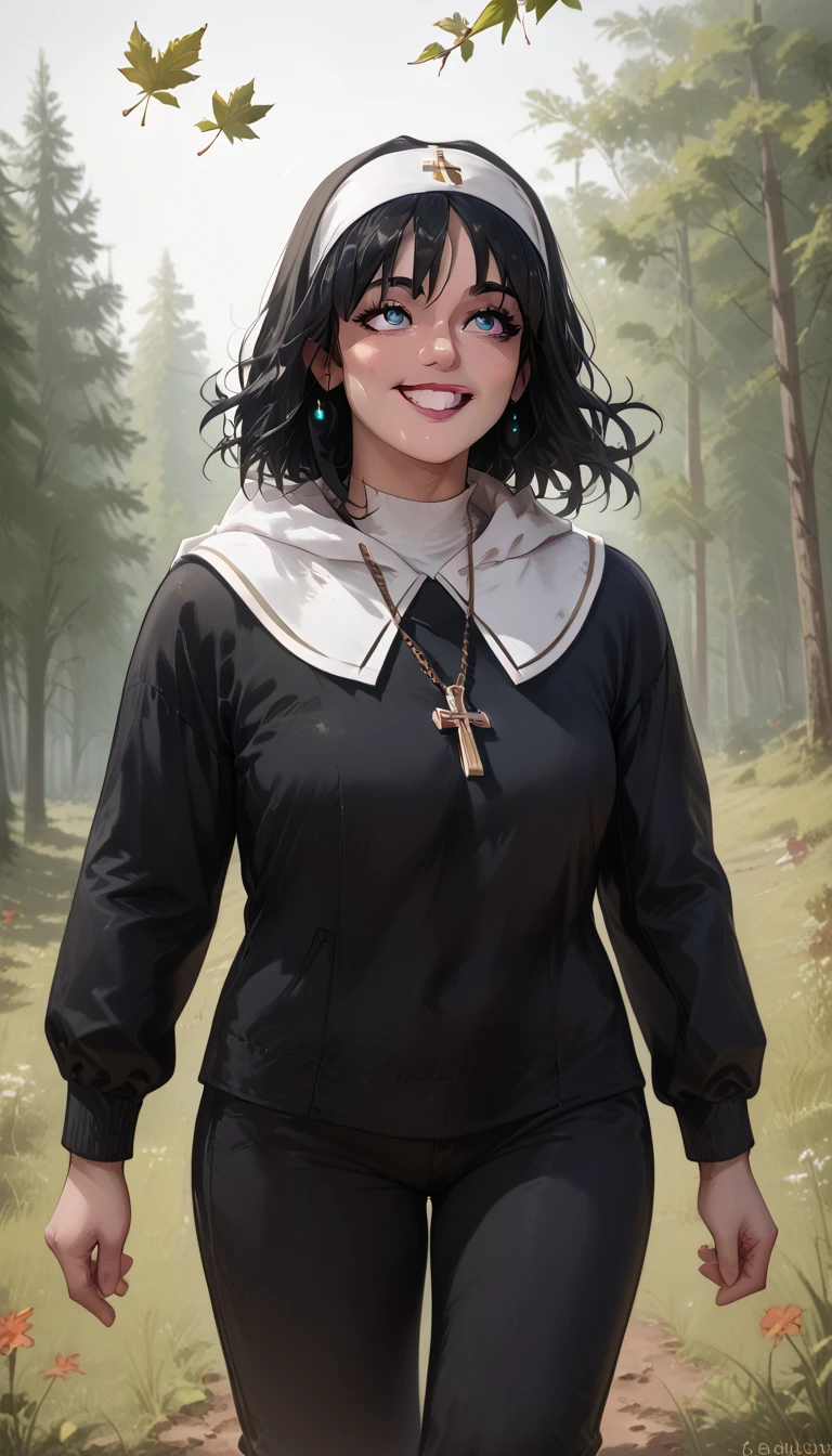  Billie Eilish is hiking in the woods  ,with your friend,  who is wearing a hooded outfit black long sleeve shirt and black pants,  while walking in the grass forest  ,  both looking forward  , happy , She looks serene , flying leaves ,  Blue Eyes ,  short black hair,  Nun's clothing,  hair flying in the wind ,  high quality  , Detail of the grass ,  detail in the background , sensual mouth,