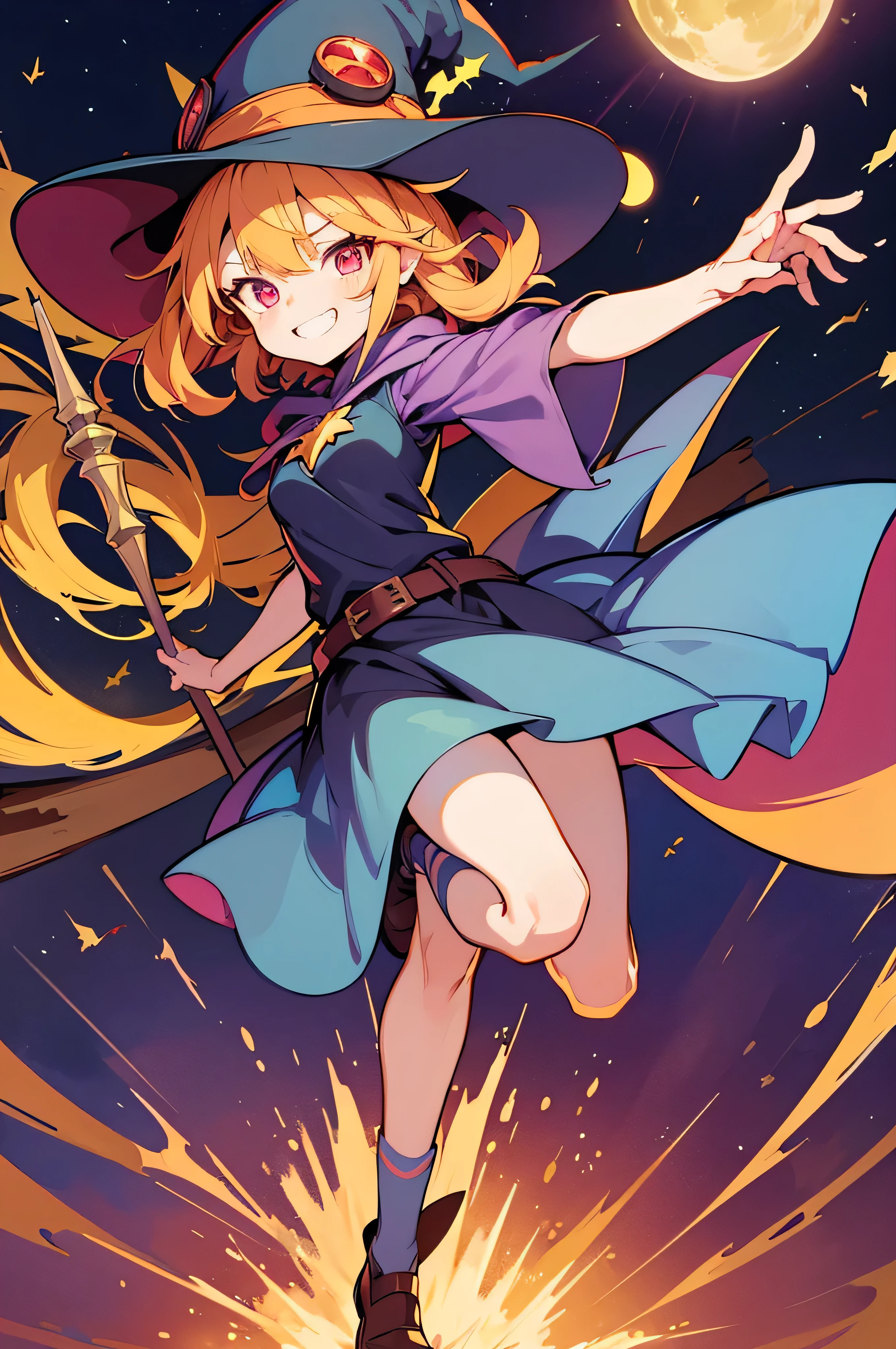 verdan goblin, goblin, verdan, goblin lady, a woman wearing a witch hat, witch academia, witch girl, witch, a witch, witchy, kirisame marisa, half invoker half megumin, bright witch, wearing a witch hat, kirisame marisa from touhou, classical witch, by Kamagurka, little witch academia, anime-styled full body illustration, wood staff which gem, short verdan, anime character design, full body, dynamic dramatic pose, short hair, fringe bangs