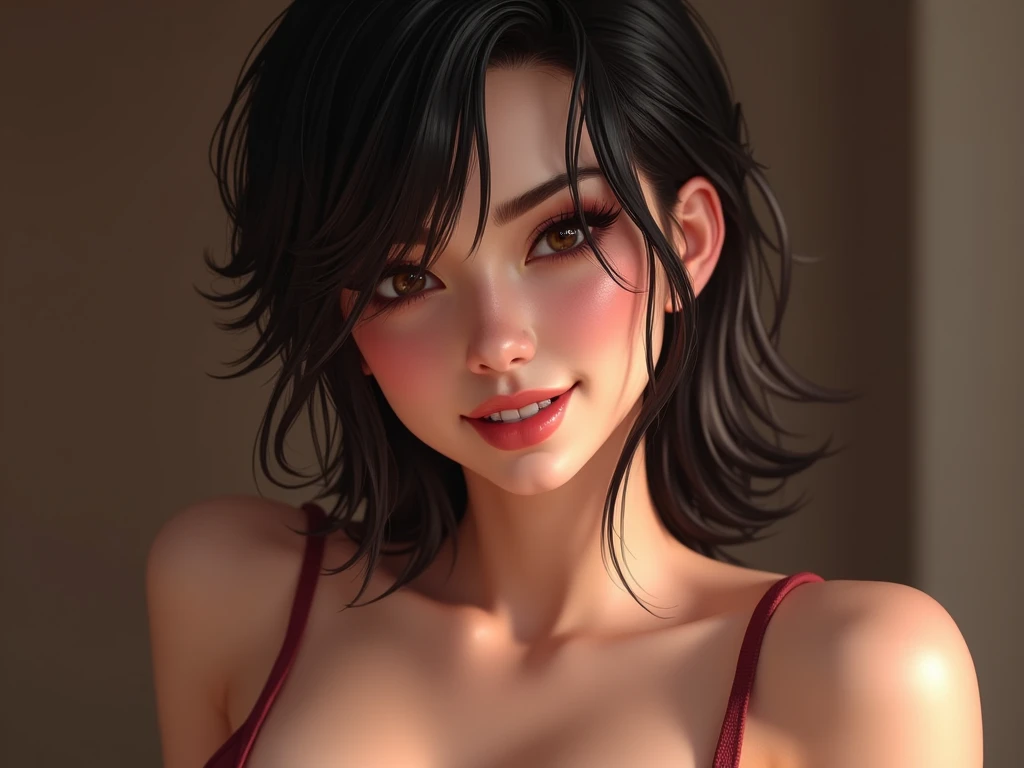 1 girl, solo, Breasts, short hair, open mouth, quality, Best quality, Realistic anatomy, black hair, big breasts, Drooling, Silly smile, scarlet lips, Exterior view, Movie, 3D rendering, a member in the mouth,