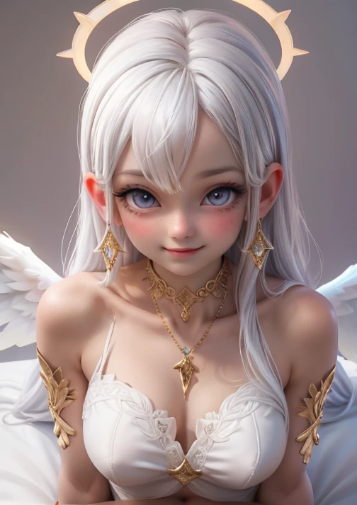 18-year-old girl,Silver long hair,Blue Eyes,Long eyelashes,White skin,Big eyes,Unbelievably huge breasts,((3D anime style)),A revealing white dress,white shining wings,