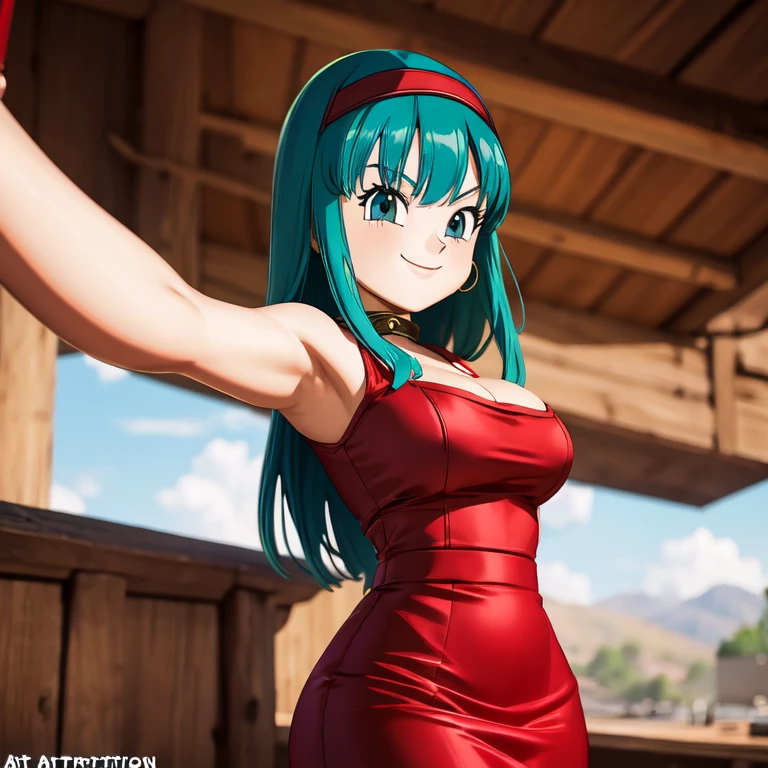 (Photo:1.3),  High level of detail, bulla, 1 woman, alone, chubby, red dress, selfie, smile, (Aclamado,   seductive, captivating, exciting, gorgeous, striking:1.3), ( Trend in Artstation :1.3), armpits