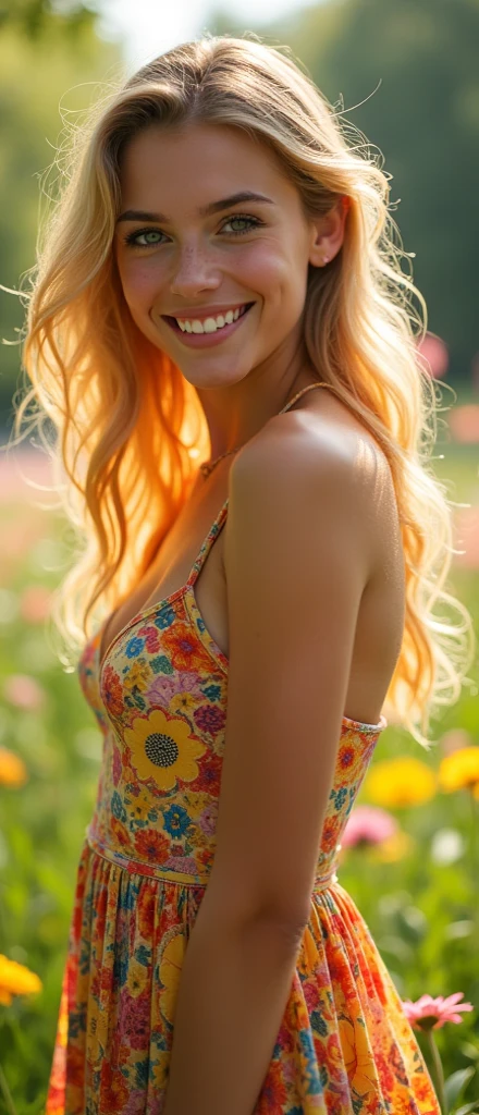 realism, beautiful blonde woman, smile, sexy orange costume , in flowers 