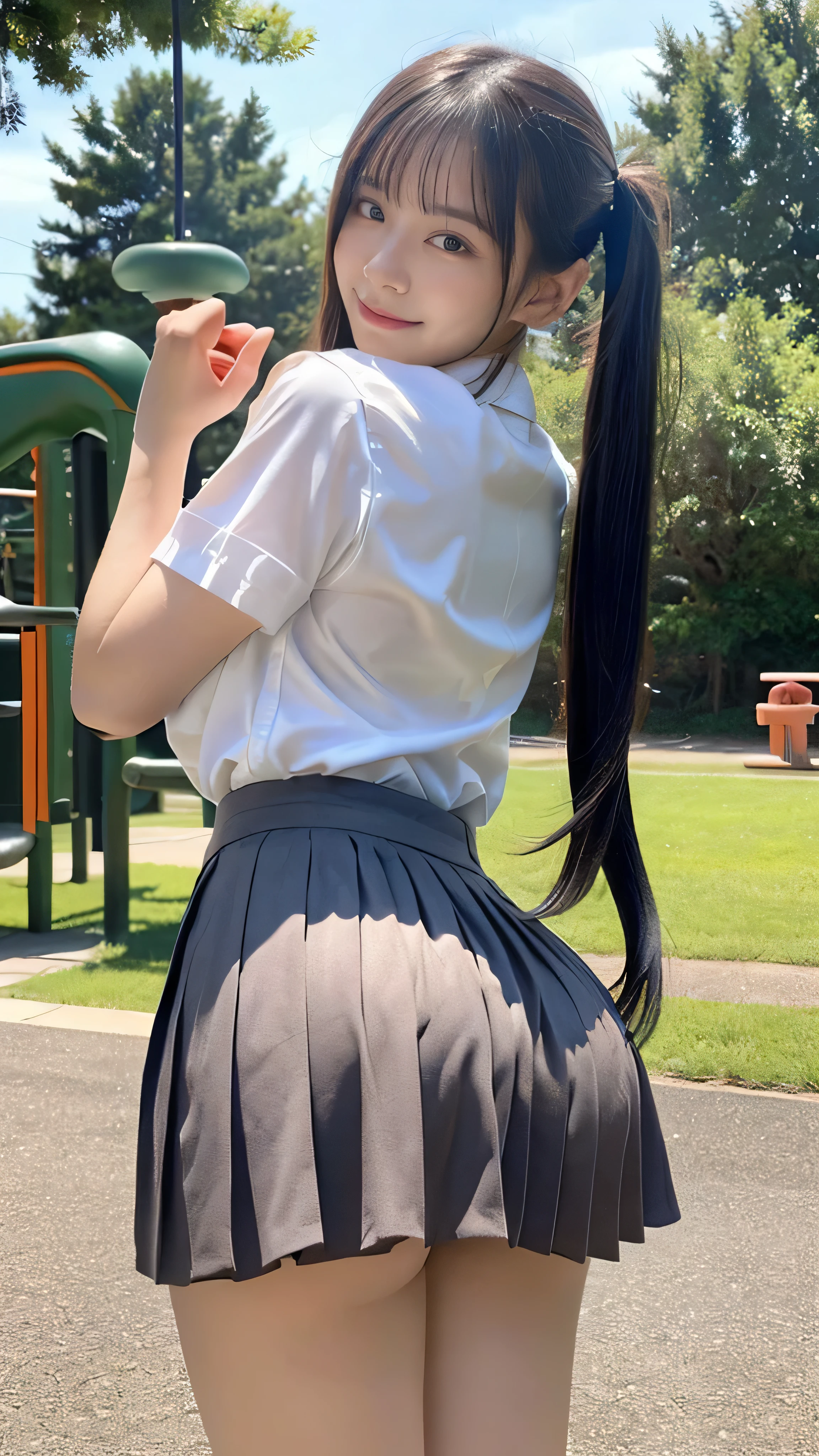 ( Masterpiece 、 top quality、 very detailed)),()、 mischievous girl 、Improve、 long hair,( Girl with black hair and twin tails :1.3)、 Grey Eyes 、(smile)、(())、((Big beautiful ass))、(( 20 big boobs from the temple ))、(( high school girl uniform with the upper half tied ))、Short sleeve、( pleated skirt :1.3))、Thighs、 cowboy shooting、Please pull it out 、Shake your ass、 taken from behind 、( school playground :1.3),( show me your butt ),(),(ムチムチのThighs),(黒いThighs:1.3),(Thighsまで伸びるハイソックス:1.3),(),( My beautiful labia majora are protruding:1.3),(ムチッとしたThighs:1.2),(:1.3),(),,(beckoning)