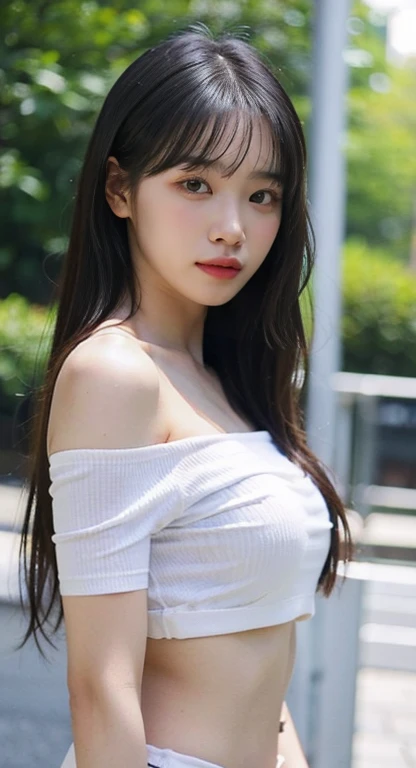  20-year-old Korean female , White jade skin,  natural features,  Korean idol, Upper body angle , Outdoor,  trendy hairstyle ,  off-shoulder cropped tee , Beautiful belly button,  super high resolution with two hands