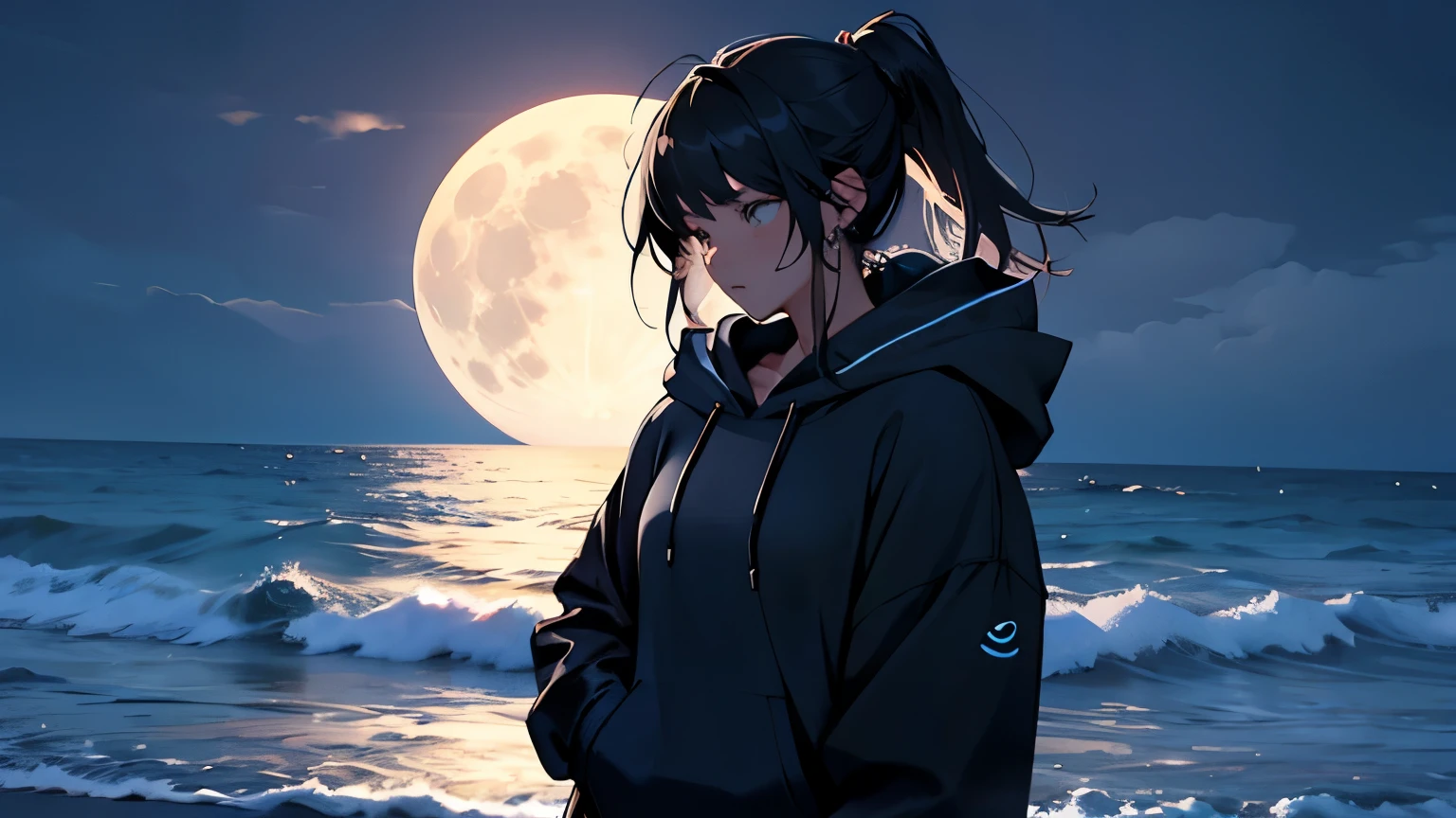 Woman , are cool、cool、The background is the night sea、fullmoon, wearing a hoodie,uiet atmosphere 、midnight