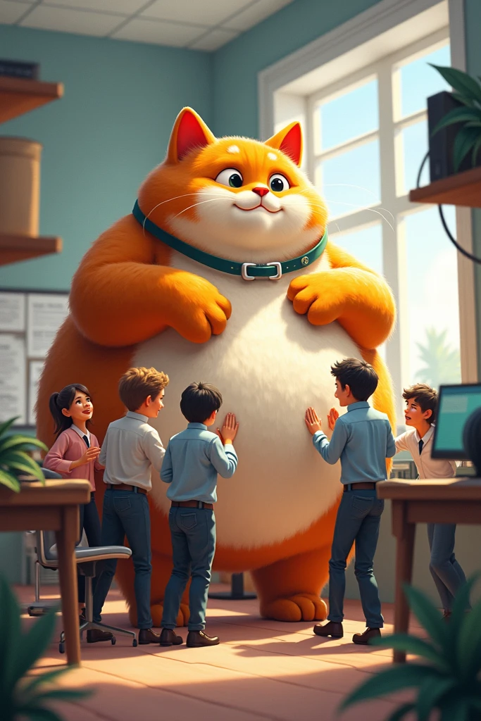 A muscular orange and white cat in red shorts sits in a classroom, surrounded by children in school uniforms walking around. The scene is animated in Pixar style, showing detailed textures and vibrant colors that highlight every detail of the muscles. He has a blue backpack on his back. High resolution, realistic image quality.