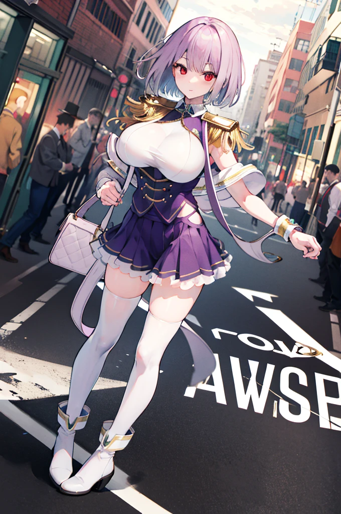 (full body),  Masterpiece  ,  top quality,  high definition , male,  shorthair,  hello , red eyes,  Big Breasts ,  clevis, Epaulettes, White handbag, Elbow pocket,  Purple Skirt ,  Knee Socks ,  cowboy shooting, (Pose in front)，Straight, street， low angle，Downから，Down