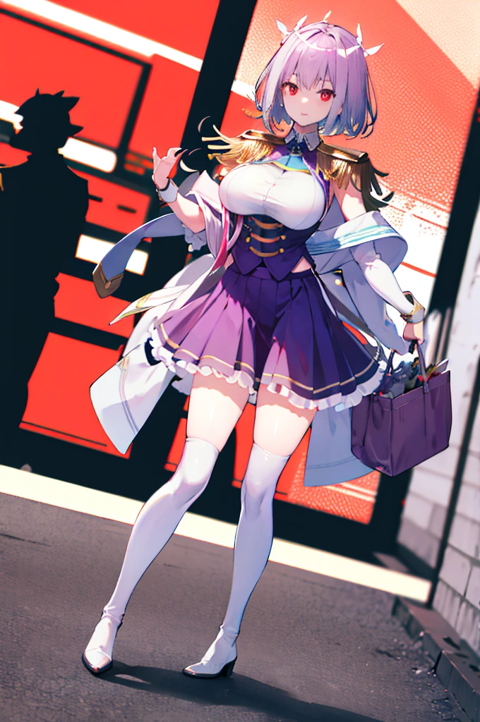 (full body),  Masterpiece  ,  top quality,  high definition , male,  shorthair,  hello , red eyes,  Big Breasts ,  clevis, Epaulettes, White handbag, Elbow pocket,  Purple Skirt ,  Knee Socks ,  cowboy shooting, (Pose in front)，Straight, street， low angle，Downから，Down