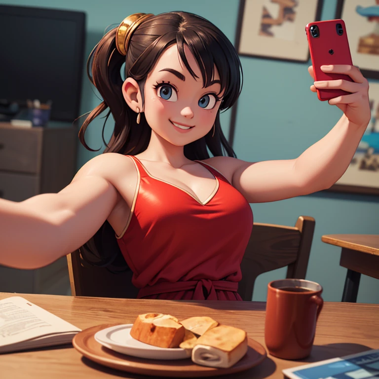 (Photo:1.3),  High level of detail, bulla, 1 woman, alone, chubby, red dress, selfie, smile, (Aclamado,   seductive, captivating, exciting, gorgeous, striking:1.3), ( Trend in Artstation :1.3), armpits