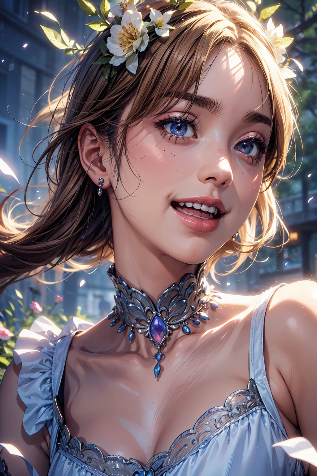 (best quality,4k,8k,highres,masterpiece:1.2),ultra-detailed,(realistic,photorealistic,photo-realistic:1.37),1girl,beautiful detailed eyes,beautiful detailed lips,extremely detailed face,long eyelashes,elegant pose,particles,wind,flowers,upper body,simple background,looking at viewer,blonde hair,milky way,ethereal,fantasy dress,colorful dress,laughing out loud