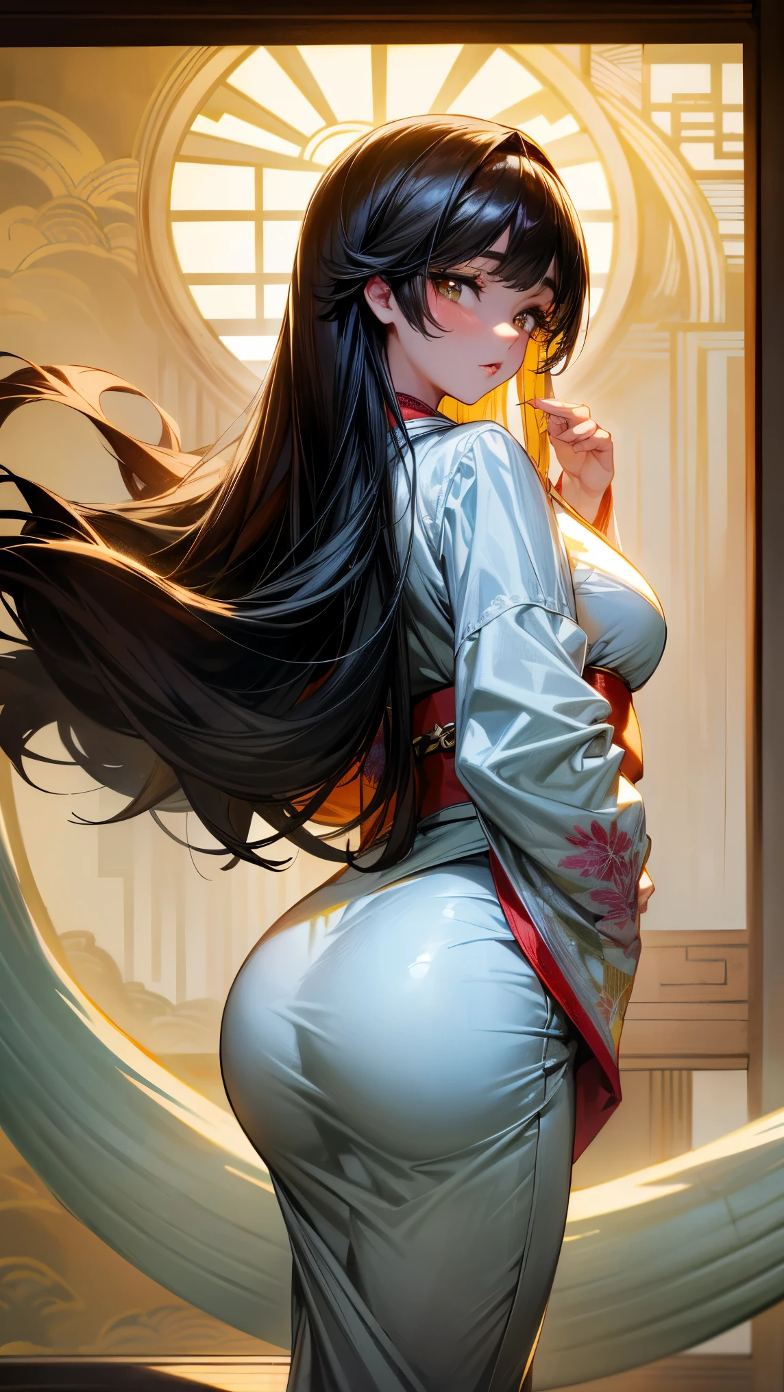((best quality)),((excellent quality, 8K, master piece: 1.5)), The pubic area is clear: 1.4, perfect body beauty: 1.4, sexy hanfu clothes,sexy hanfu clothes,I can see your pants,gray hair,wet skin, sleeping in bed,back stance,pointed ass,round butt,pointed ass,Raise your ass,film texture,