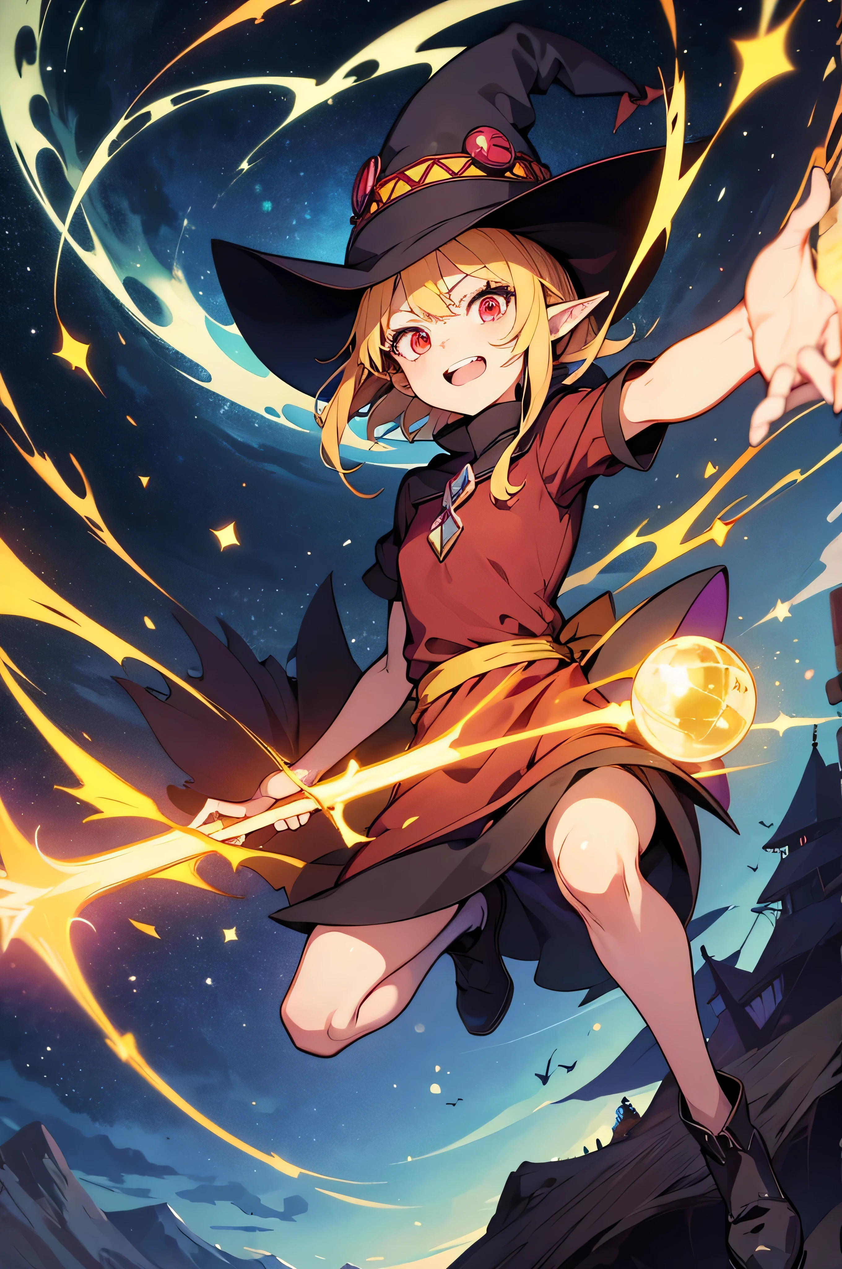 verdan goblin, goblin, verdan, goblin lady, a woman wearing a witch hat, witch academia, witch girl, witch, a witch, witchy, kirisame marisa, half invoker half megumin, bright witch, wearing a witch hat, kirisame marisa from touhou, classical witch, by Kamagurka, little witch academia, anime-styled full body illustration, wood staff which gem, short verdan, anime character design, full body, dynamic dramatic pose, short hair, fringe bangs, pointy elf ears