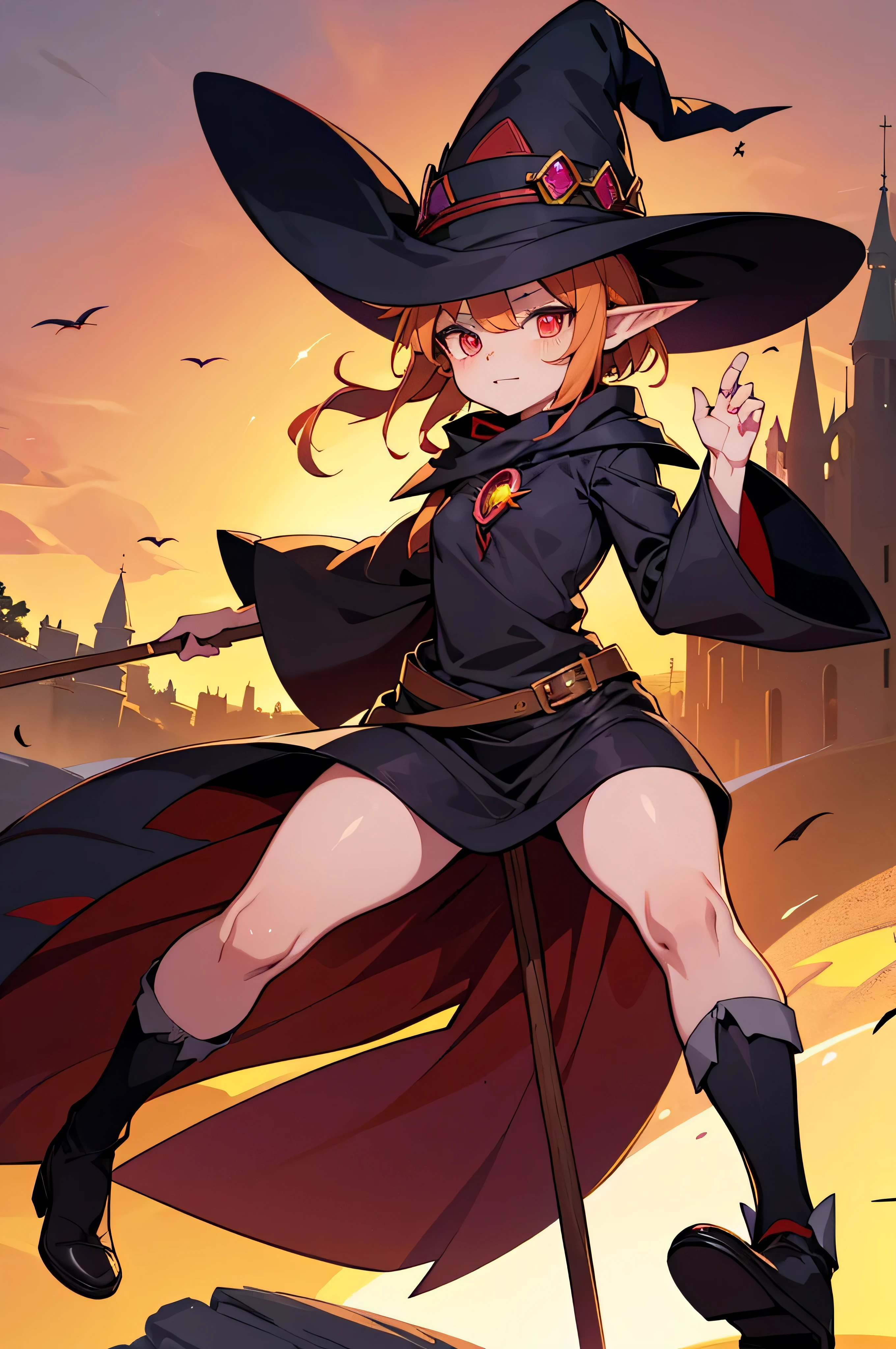 verdan goblin, goblin, verdan, goblin lady, a woman wearing a witch hat, witch academia, witch girl, witch, a witch, witchy, kirisame marisa, half invoker half megumin, bright witch, wearing a witch hat, kirisame marisa from touhou, classical witch, by Kamagurka, little witch academia, anime-styled full body illustration, wood staff which gem, short verdan, anime character design, full body, dynamic dramatic pose, short hair, fringe bangs, pointy elf ears