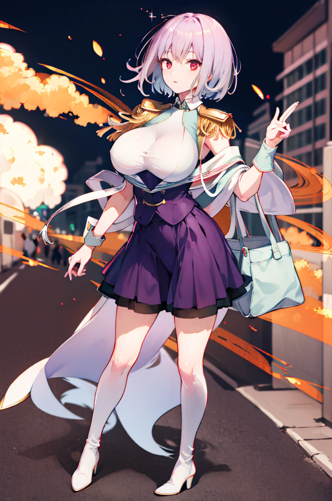 (full body),  Masterpiece  ,  top quality,  high definition , male,  shorthair,  hello , red eyes,  Big Breasts ,  clevis, Epaulettes, White handbag, Elbow pocket,  Purple Skirt ,  Knee Socks ,  cowboy shooting, (Pose in front)，Straight, street， low angle，Downから，Down