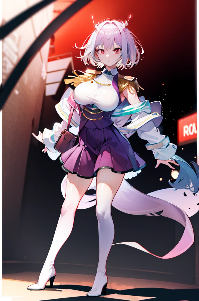 (full body),  Masterpiece  ,  top quality,  high definition , male,  shorthair,  hello , red eyes,  Big Breasts ,  clevis, Epaulettes, White handbag, Elbow pocket,  Purple Skirt ,  Knee Socks ,  cowboy shooting, (Pose in front)，Straight, street， low angle，Downから，Down