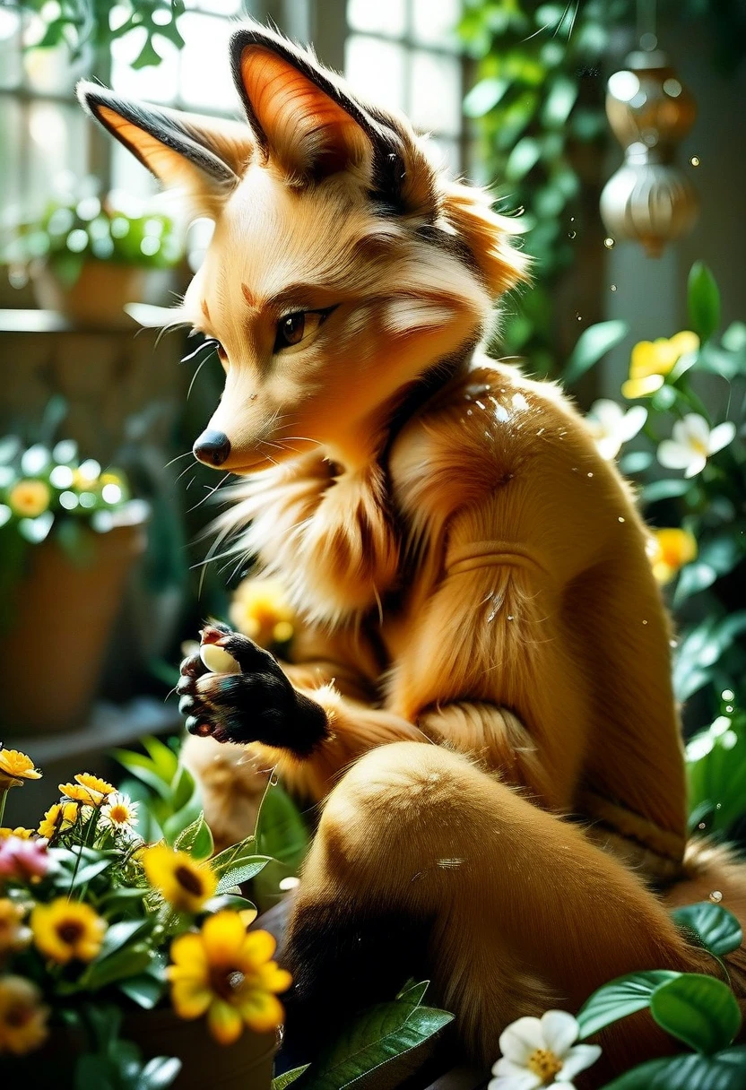 fox, (monster girl), long brown ears with darker brown inside, brown fur, tan neck fluff, brown fluffy tail with a tan tip, large brown eyes, wearing modest clothing, sitting in a flower garden, masterpiece, best quality