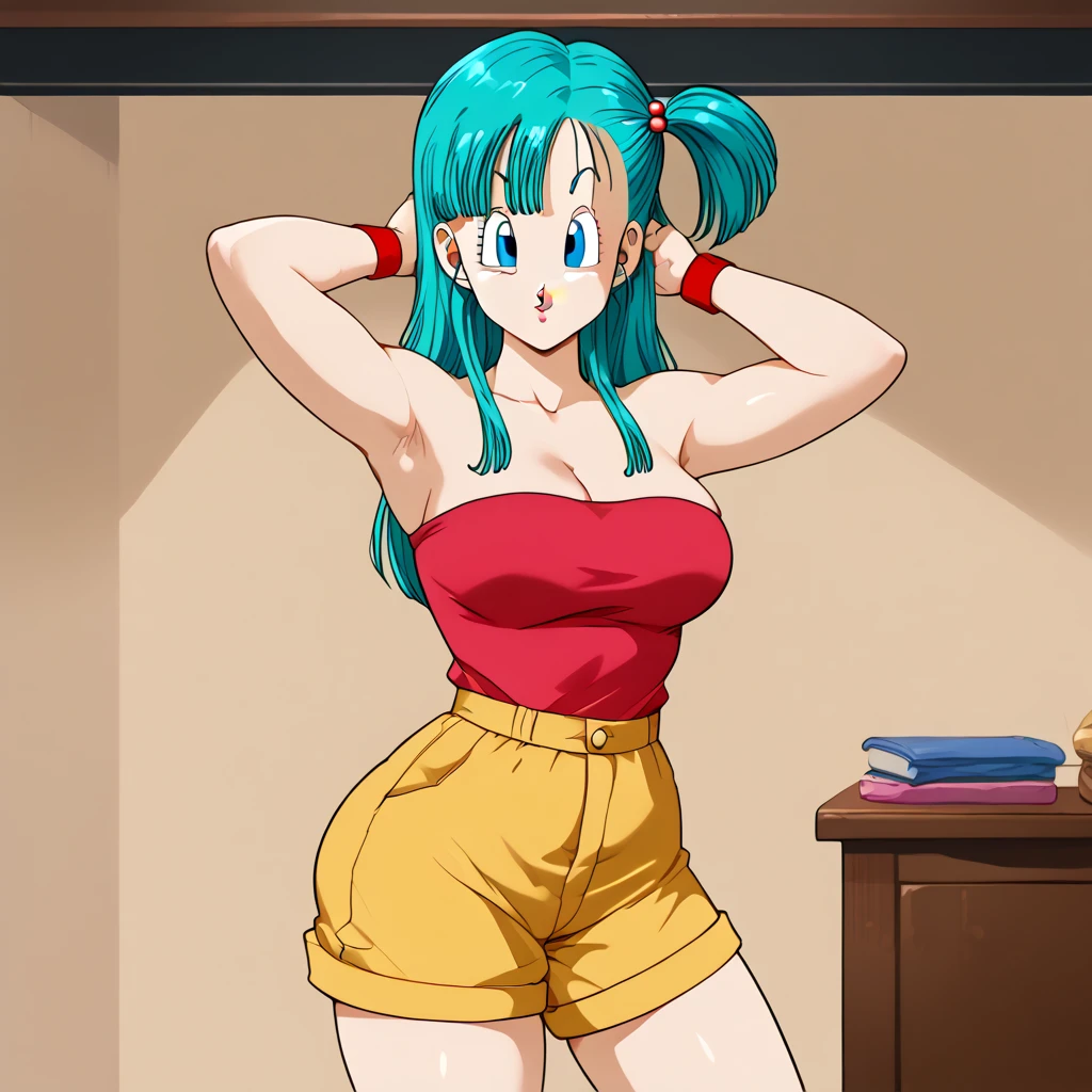 Bulma,( dragon ball\), long hair, one side up, outskirts_Cut, Aqua Hair, blue eyes wristwatch, Pink tube top, neckline,   bare shoulders , strapless,   hair ties  , wristband,  brown shorts , clavicle,   inner room  ,  Curvy young woman ,  big breasts and big butt ,  poses with arms raised at her sides, making a fist ,  showing her armpits