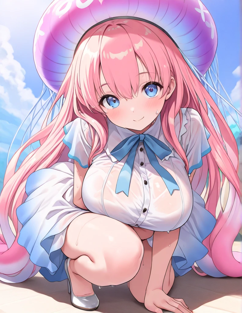 (best quality),(ultra-detailed),(high resolution),((Official Art:1.5)),Looking at the audience, alone, smile, Knee socks,(Browsing Caution),(Take off), (Big Breasts: 1.2), (I can see your nipples: 1.4),  (((Extremely Thick thighs))),Wide Hips, Thick thighs, Huge round ass, Huge natural breasts,((Thick penis:1.5)),(Dangling fat testicles),Kome-Kome (from Delicious Party♡Pretty Cure),Watching the audience,((squatting,open legs)),