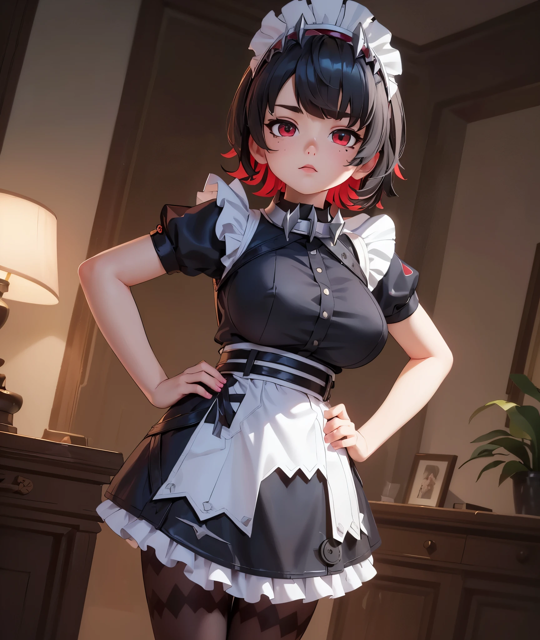 [ellen joe], ((masterpiece)), ((solo portrait)), ((waist up)), ((low angle view)), ((HD)), ((High res)), ((anime)), ((detailed shading)), ((cinematic lighting)), {(attractive figure), (large shark tail), (cute maroon eyes), (short eyelashes), (cute mole on cheek), (two-toned hair), (short black hair with red), (large breasts), (defined toned legs), (bored expression)}, {(maid short sleeved dress), (nipple bumps visible), (maid hairband), (white apron), (black checker-pattern pantyhose)}, {(hand on hip), (looking at viewer)}, [ambient lighting, living room, mansion, lamp light]