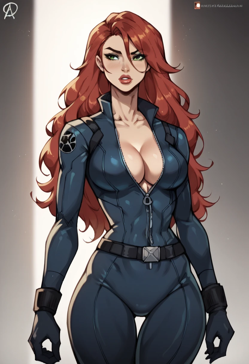 Big breasts, fit body, hourglass figure, wide hips, decolette, cleavege, bare midriff, BlackwidowAVA, 1girl, long hair, red hair, green eyes, lips, bodysuit, belt, lipstick, zipper