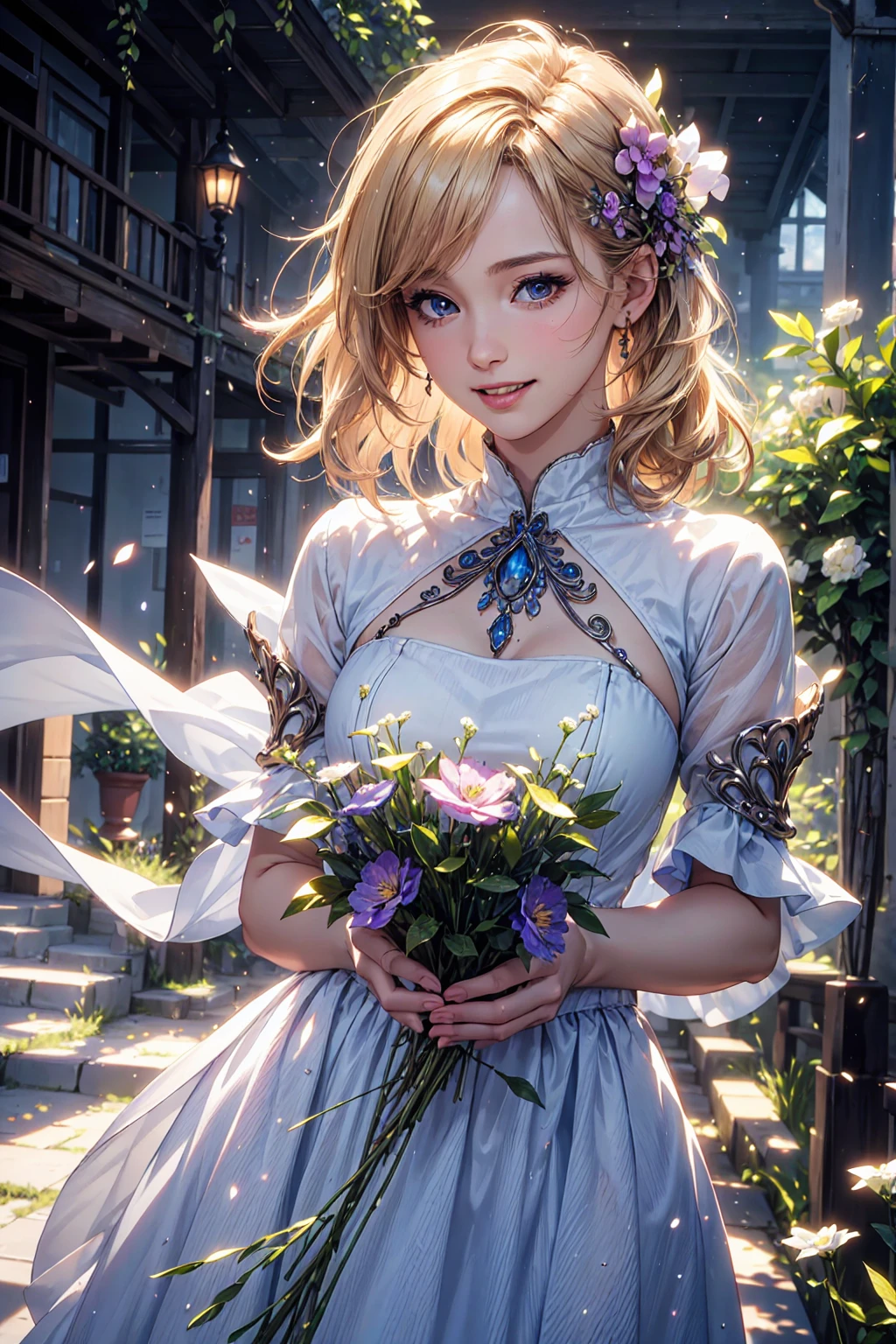 (best quality,4k,8k,highres,masterpiece:1.2),ultra-detailed,(realistic,photorealistic,photo-realistic:1.37),1girl,beautiful detailed eyes,beautiful detailed lips,extremely detailed face,long eyelashes,elegant pose,particles,wind,flowers,upper body,simple background,looking at viewer,blonde hair,milky way,ethereal,fantasy dress,colorful dress,laughing out loud