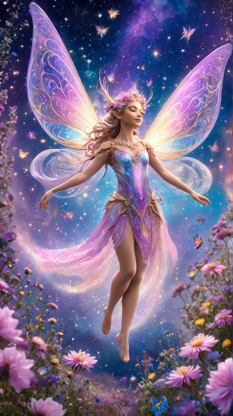 In a dazzling panoramic gouache painting, a resplendent fairy adorned in luminous crystals and shimmering petals captivates the eye. This detailed artwork showcases a whimsical scene of nature's enchantment. The fairy's wings glisten with an ethereal iridescence, casting rainbow hues across the vibrant floral backdrop. Each delicate feature is expertly rendered, creating a magical aura of fantasy and beauty. This image is a testament to the artist's skill and imagination, inviting viewers into a world of wonder and delight.