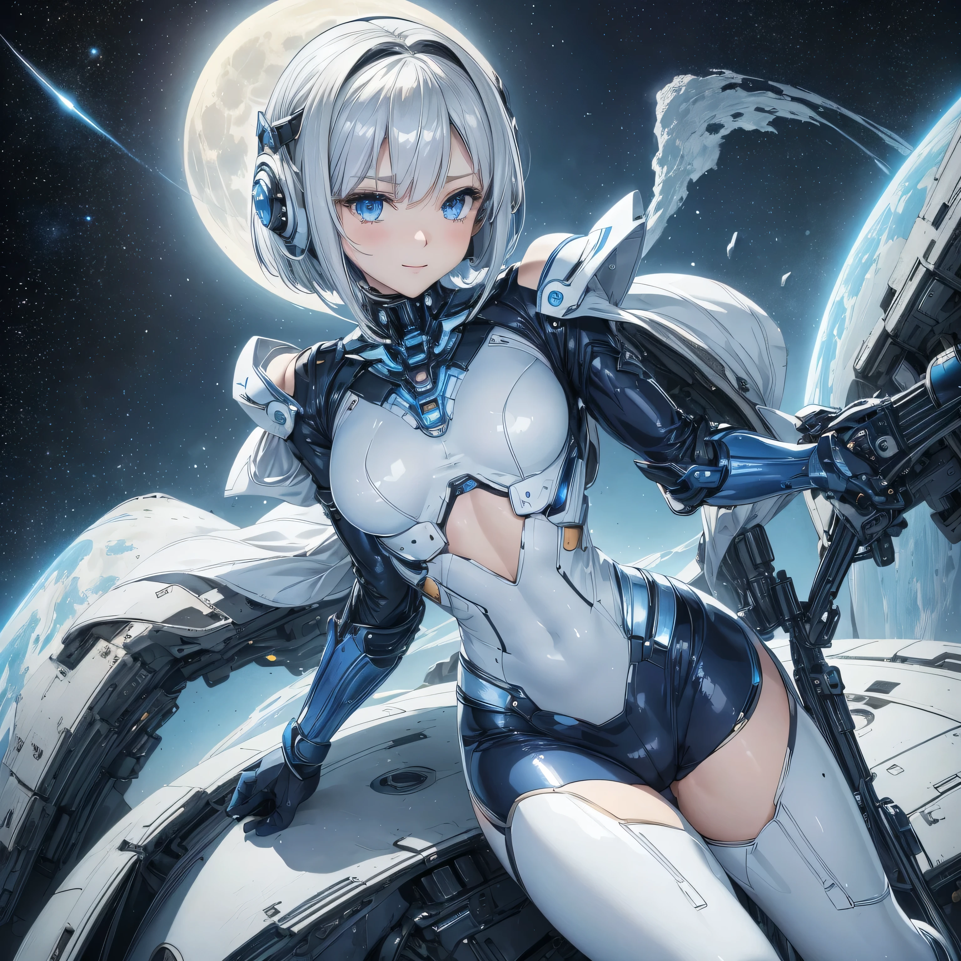 (Blue sky with lots of scaly clouds),(Armored suit that reflects light and shines in rainbow colors:1.3),(Gigant Arm:1.35),(A brace that stores a rugged weapon in the leg.:1.4),(close up of face:1.7),(Petals dancing like the wind blows up:1.4),(Dancing gracefully on the water surface:1.3),(beautiful armored suit:1.35),(beautiful hair waving in the wind:1.3),(blonde:1.3),(Transparent clear blue eyes:1.4),(high resolution:1.5),(Stars, flowers, blue sky and space:1.4),(fantastic world:1.4),(Rugged armor like a mobile suit:1.4),(beautiful decorated sword:1.4),(machine legs:1.35),(Drive coil at joint part:1.4),(perspective from above:1.3),(woman:1.4),