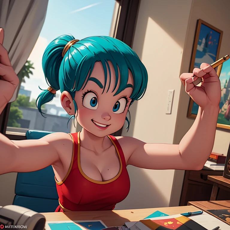 Bulma,  High level of detail, 1 woman, alone, chubby, red dress, selfie, smile, (Aclamado,   seductive, captivating, exciting, gorgeous, striking:1.3), ( Trend in Artstation :1.3), armpits