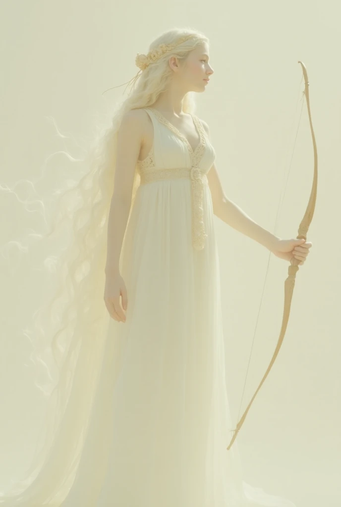  A woman in a white dress holding a bow and a deer, goddess of hunting  and the moon,  also called Artemis of Selene ,  also called Artemis or Selene ,  Greek mythology digital painting , Forest Goddess,  Portrait of the Celtic goddess Diana , goddess of hunting ,  goddess in Greek mythology ,  goddess Artemis smile , Beautiful girl