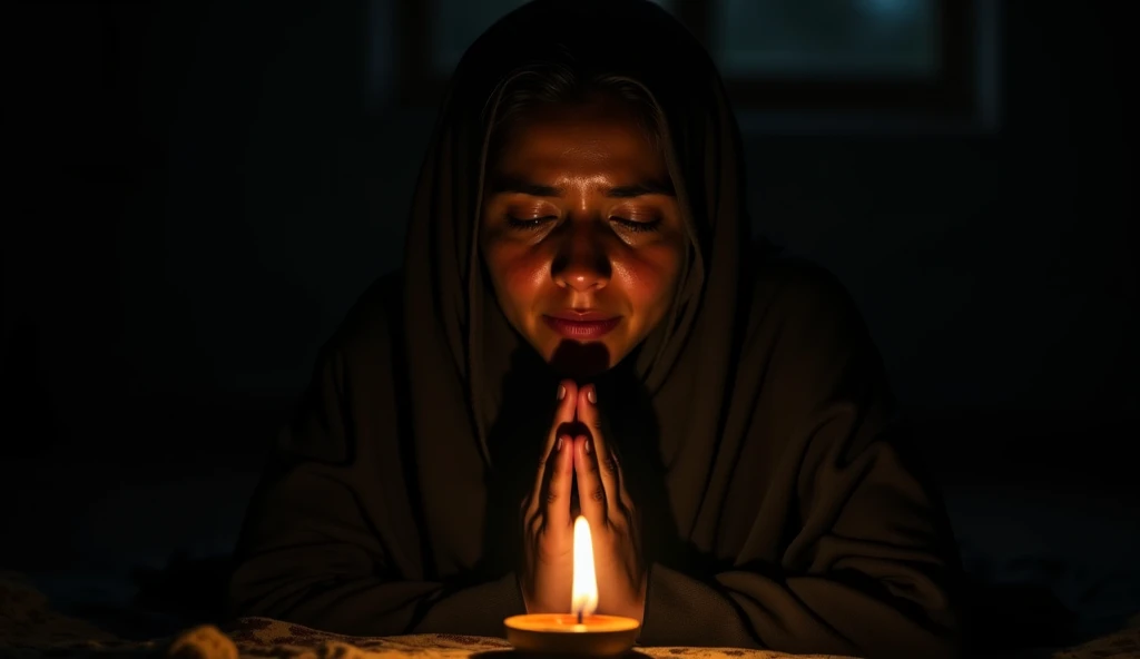 a cute girl in a dark room .  with candle  muslim girl.  she is light in the darkness