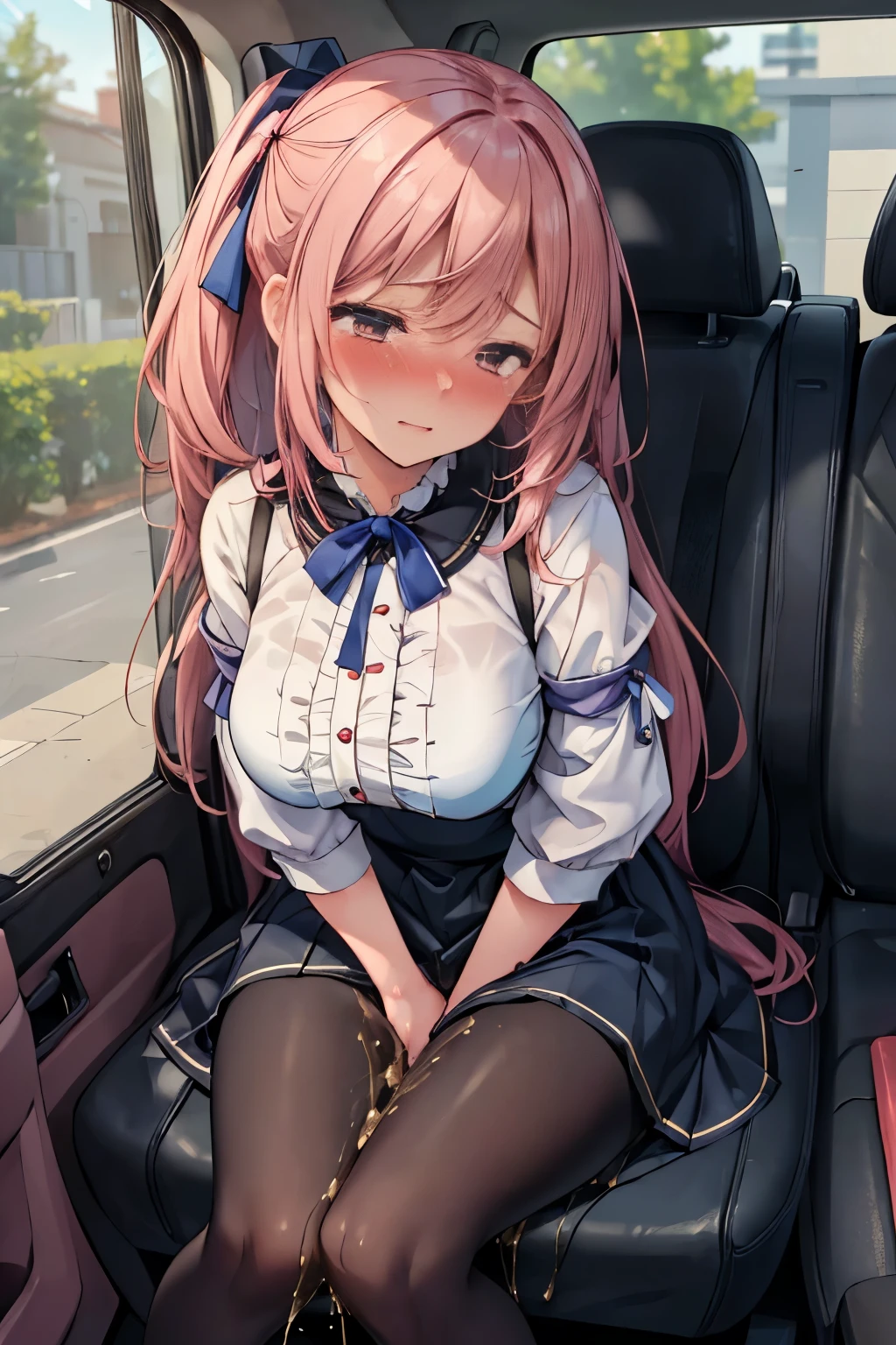 (8K, ultra-detailed, best quality, anatomically perfect body:2), (beautiful breast:1.2), shiny skin, (1 girl), (have to pee), (desperate urge to pee), (very desperate to pee), (her bladder is at its limit:1.5), (in the car, sitting very shallowly:1.6), (She wants to stand up so she lifts her hips from seat:1.2), (fidgeting:1.5), wetting self, (blouse, maxi skirt:1.6), (pantyhose:1.3), ankle boots, panty pull, (Untidy hair:1.4), (She grab her crotch very hard:1.4), (leaning backward), (close your thighs tightly:1.6), (shrugs:1.7), (orgasm:1.5), (full face blush:1.7), (embarrassment:1.6), (impatience:1.7), (flustered:1.5), (flowing sweat:0.7), (twist whole body:1.4), (panting), breathless, (Humiliation), (Erotic feelings), (closed eyes:0.95), (She is very arousal to hold pee), (tear), (head tilt:1.1), (parted lips:1.1), (SIGMA 105 mm F/2.8, 1/100 sec shutter, award-winning), from side, nsfw,