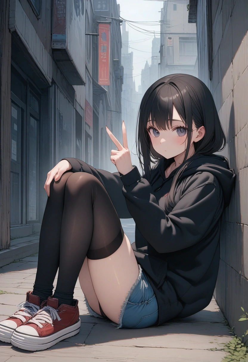 Masterpiece, ultra detailed, 8k, best quality, Back Alley, novel illustration, 18 years old, 1girl,  plain black hoodie,  denim miniskirt, black long thighhighs, sneakers, panties, sit with your knees up, lean against the wall, double V,  black hair, Short Hair