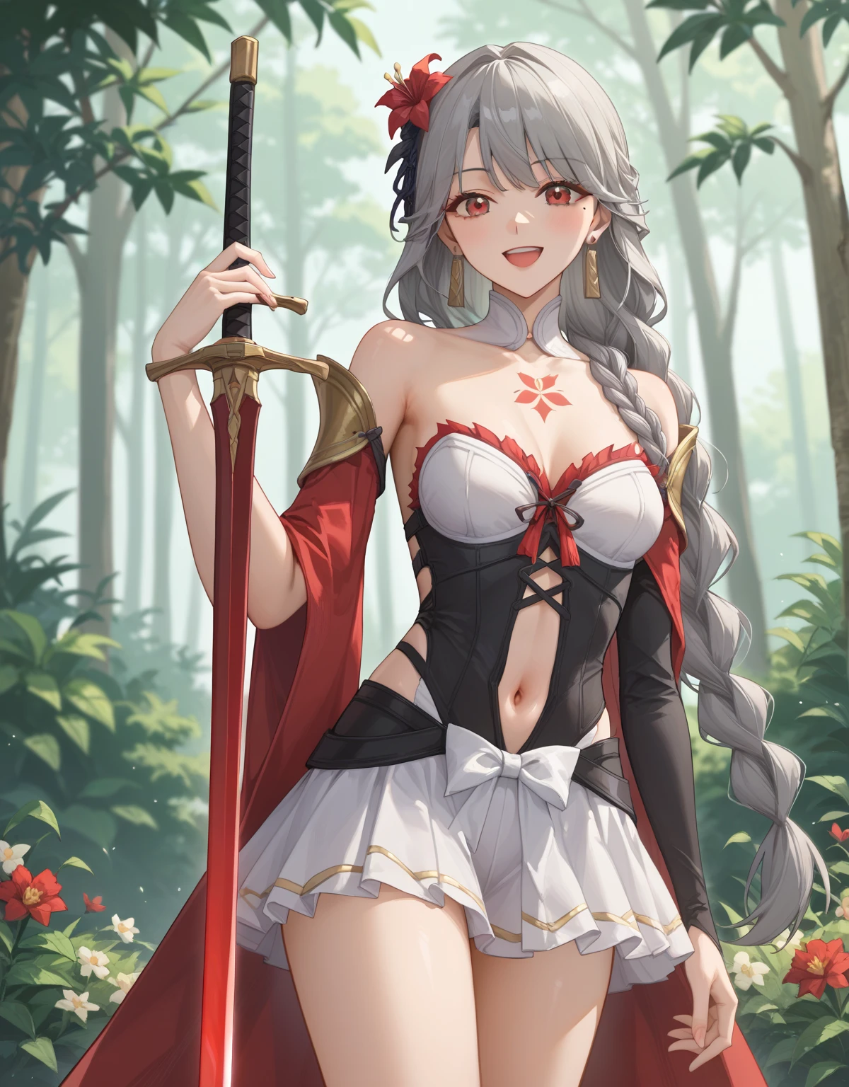 (NSFW:1.2),(masterpiece:1.2), ( top quality)、 whole body,  beautiful skin ,  Super Fine,  best resolution 、 top quality,,camellia (Mingchao)、(In the forest),仁王立ち
spring2,spring, 1 girl ,Alone,red eyes,(Gray Hair:1.2),(Twintel with black hair)、camelliaの髪飾り,  earrings for a woman alone, hair ornament ,flower,mole,(Partially black bangs ),Shoulder rest,ribbon,  clevis, Bare thighs,  has an enchanting smile, Semi-nude、Clothes with an open belly button 、 camellia body paint on chest with red rapier、White Skirt、white and black bodysuit、 open your mouth and laugh、 Wicked Smile 、(Holding a red sword)、Tangled 、( ivy gets tangled)